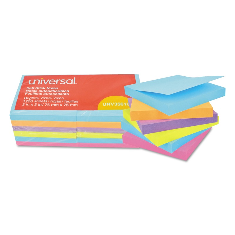 Self-Stick Note Pads, 3 X 3, Assorted Bright Colors, 100-Sheet, 12/pk