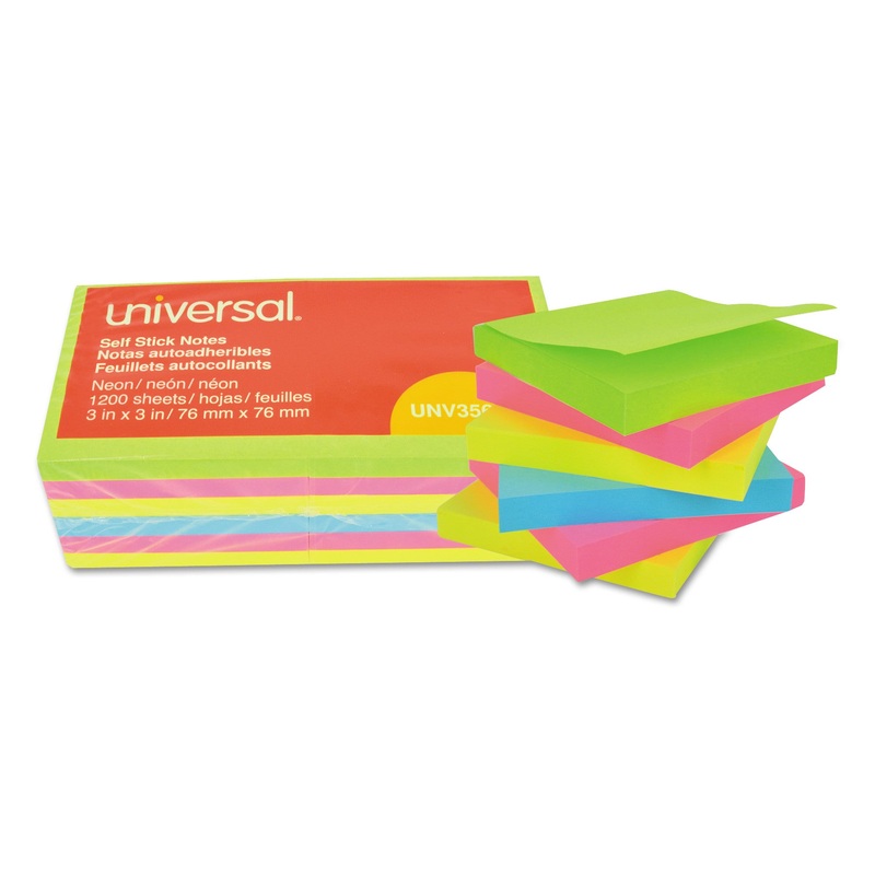 Self-Stick Note Pads, 3 X 3, Assorted Neon Colors, 100-Sheet, 12/pack