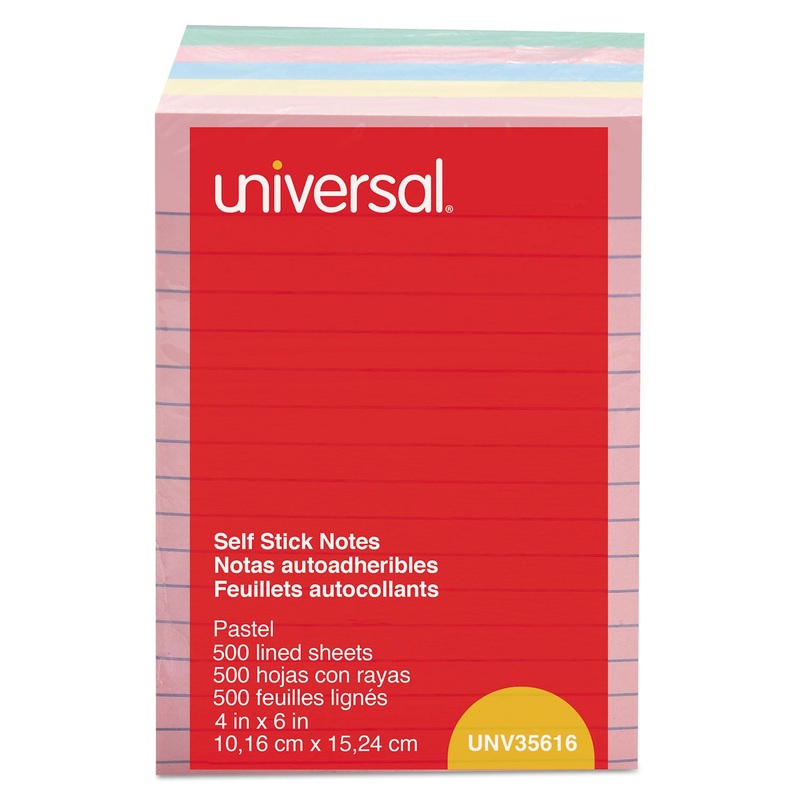 Self-Stick Note Pads, 4 X 6, Lined, Assorted Pastel Colors, 100-Sheet, 5/pk