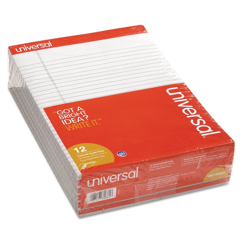 COLORED PERFORATED WRITING PADS, WIDE/LEGAL RULE, 8.5 X 11, GRAY, 50 SHEETS, DOZEN