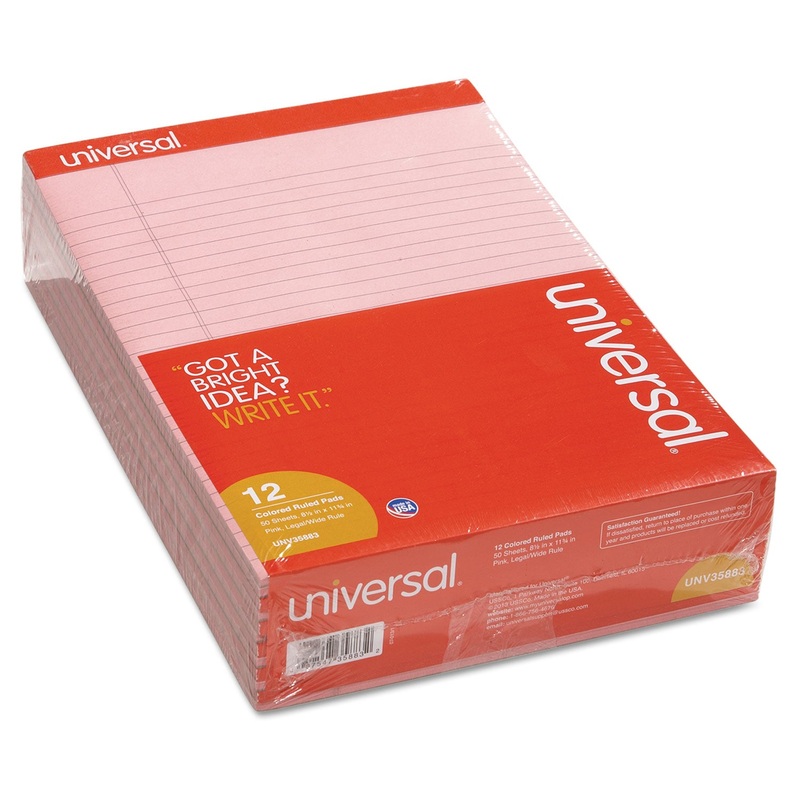 COLORED PERFORATED WRITING PADS, WIDE/LEGAL RULE, 8.5 X 11, PINK, 50 SHEETS, DOZEN