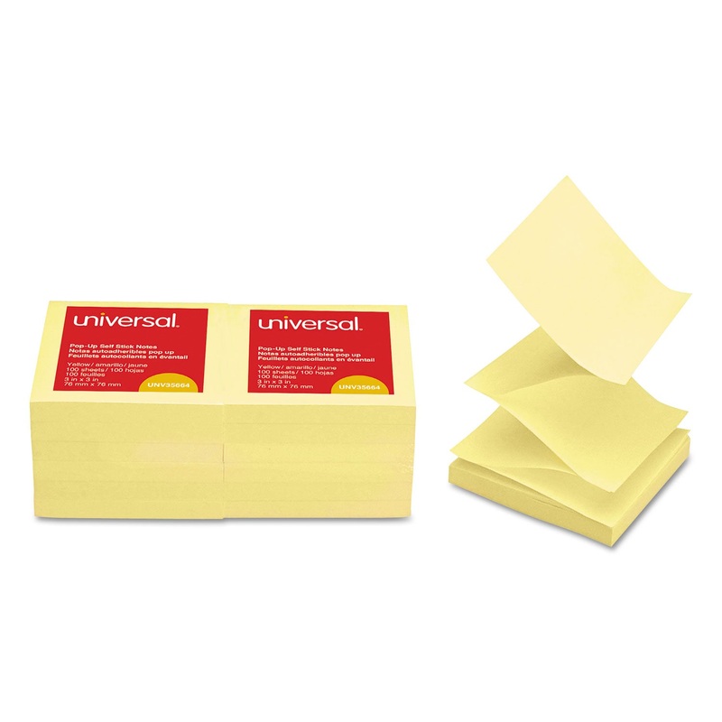 Fan-Folded Self-Stick Pop-Up Note Pads, 3 X 3, Yellow, 100-Sheet, 12/pack