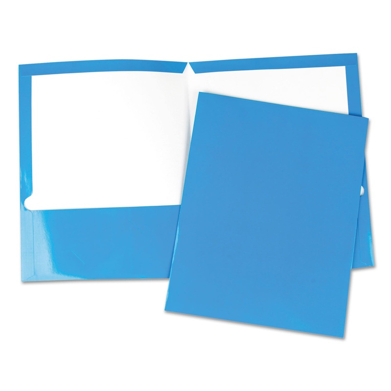 Laminated Two-Pocket Folder, Cardboard Paper, Blue, 11 X 8 1/2, 25/Pack
