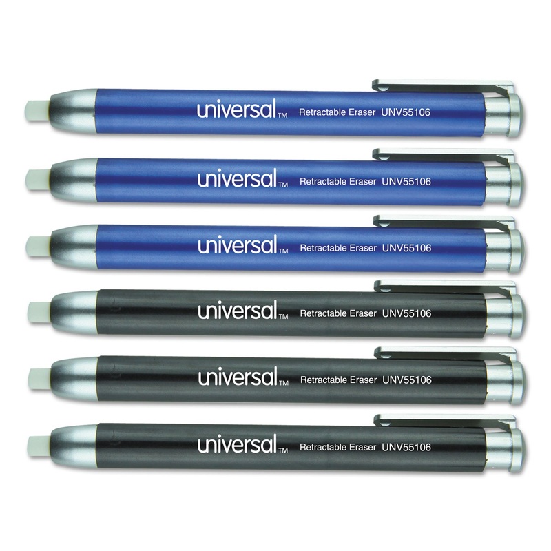 PEN-STYLE RETRACTABLE ERASER, WHITE THERMO-PLASTIC RUBBER ERASER, ASSORTED BARREL COLORS, 6/PACK