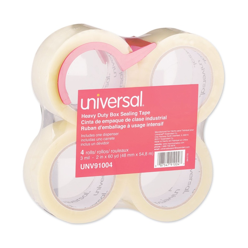 HEAVY-DUTY BOX SEALING TAPE WITH DISPENSER, 3″ CORE, 1.88″ X 60 YDS, CLEAR, 4/BOX