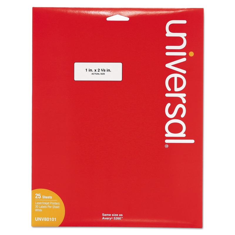 WHITE LABELS, INKJET/LASER PRINTERS, 1 X 2.63, WHITE, 30/SHEET, 25 SHEETS/PACK