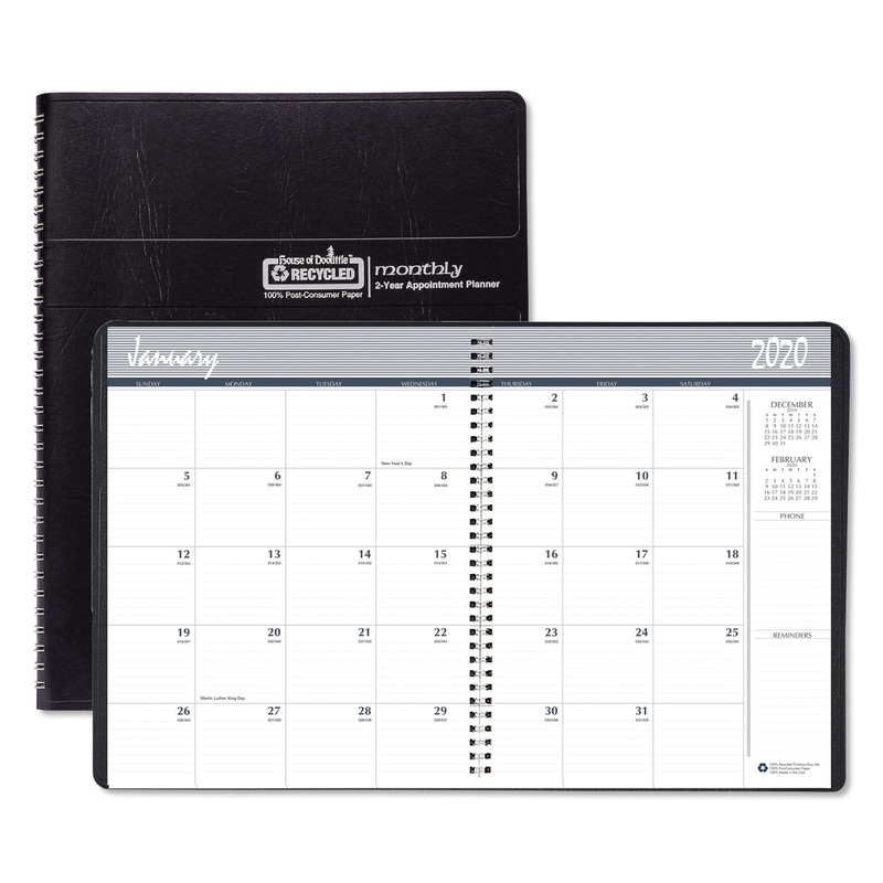 RECYCLED 24-MONTH RULED MONTHLY PLANNER, 11 X 8 1/2, BLACK, 2020-2021