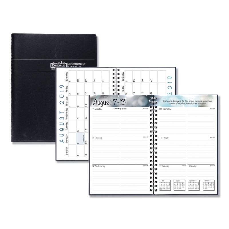 RECYCLED ACADEMIC WEEKLY/MONTHLY APPOINTMENT BOOK/PLANNER, 8 X 5, BLACK, 2019-2020