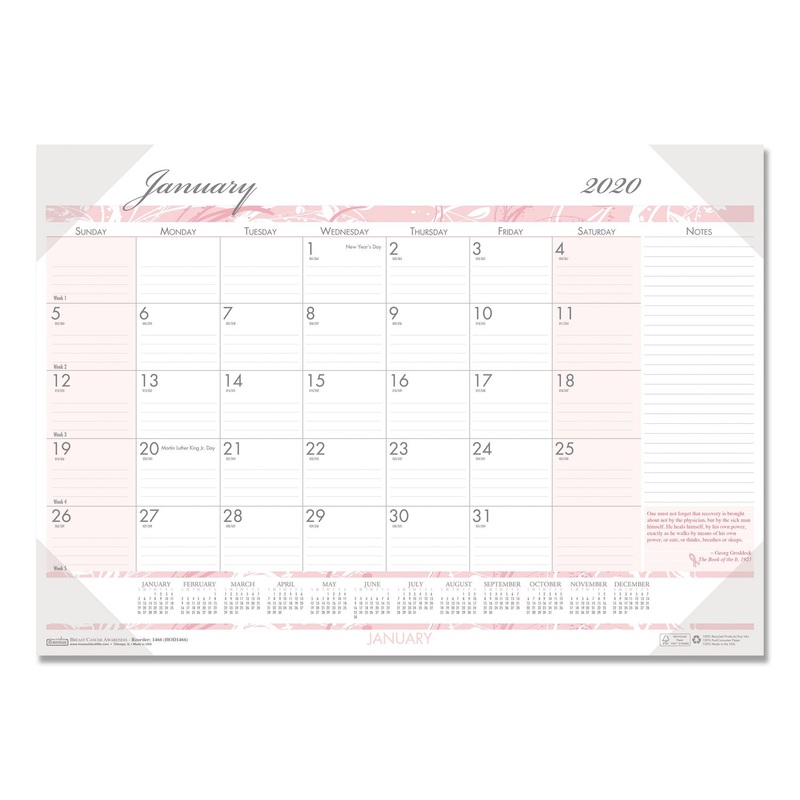 RECYCLED BREAST CANCER AWARENESS MONTHLY DESK PAD CALENDAR, 18 1/2 X 13, 2020