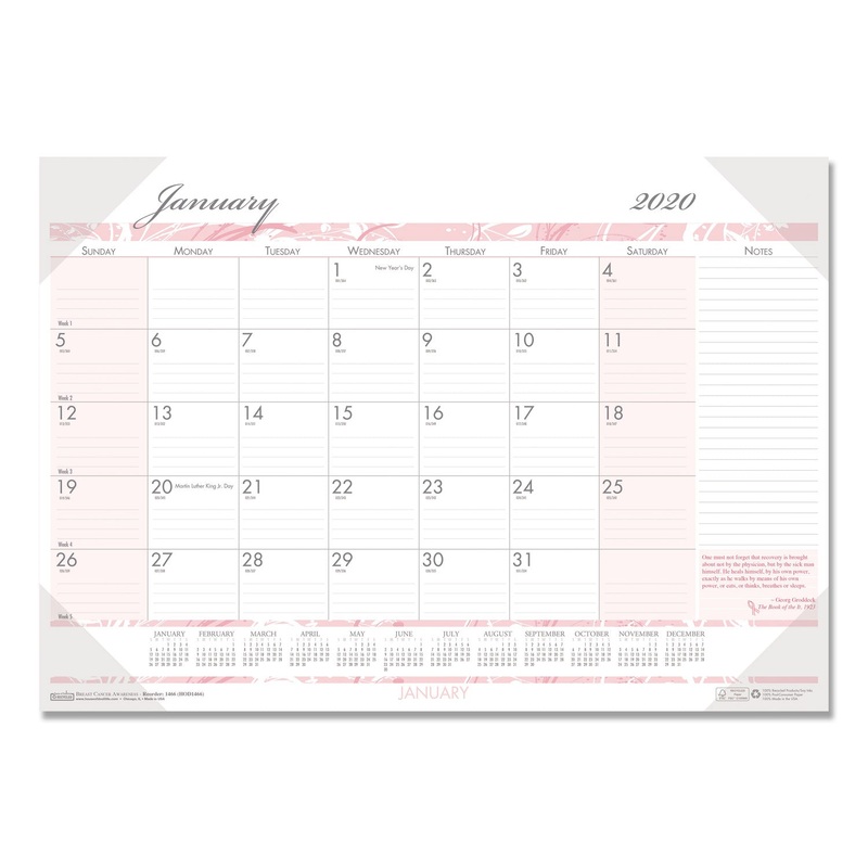 RECYCLED BREAST CANCER AWARENESS MONTHLY DESK PAD CALENDAR, 22 X 17, 2020