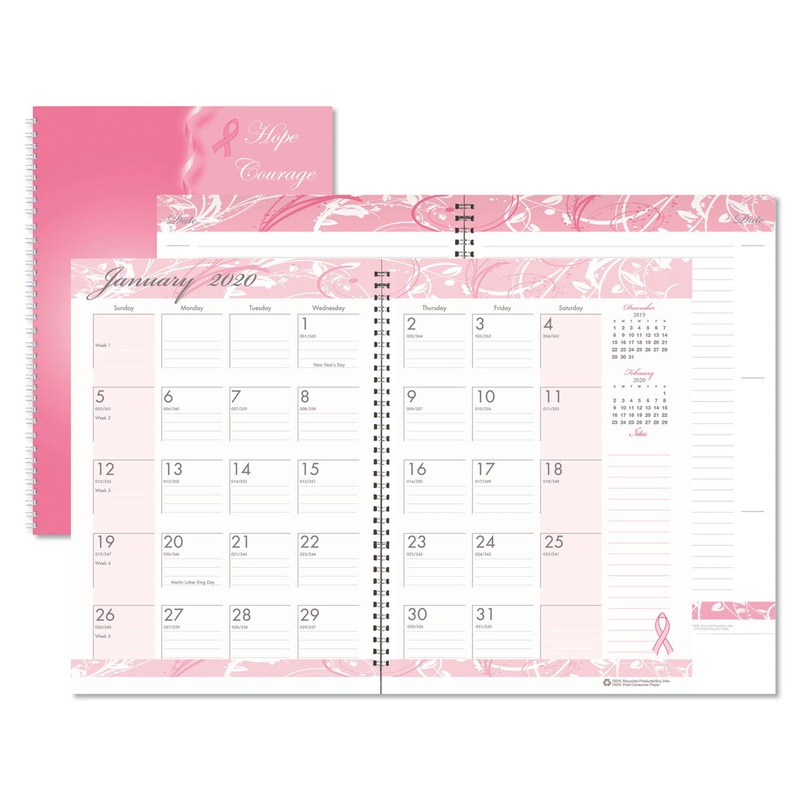 RECYCLED BREAST CANCER AWARENESS MONTHLY PLANNER/JOURNAL, 10 X 7, PINK, 2020