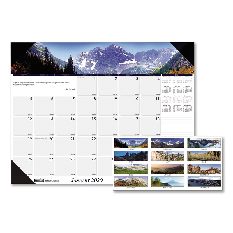 RECYCLED MOUNTAINS OF THE WORLD PHOTO MONTHLY DESK PAD CALENDAR, 22 X 17, 2020