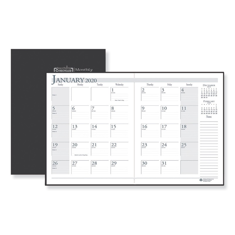 RECYCLED RULED 14-MONTH PLANNER, LEATHERETTE COVER, 10 X 7, BLACK, 2019-2021