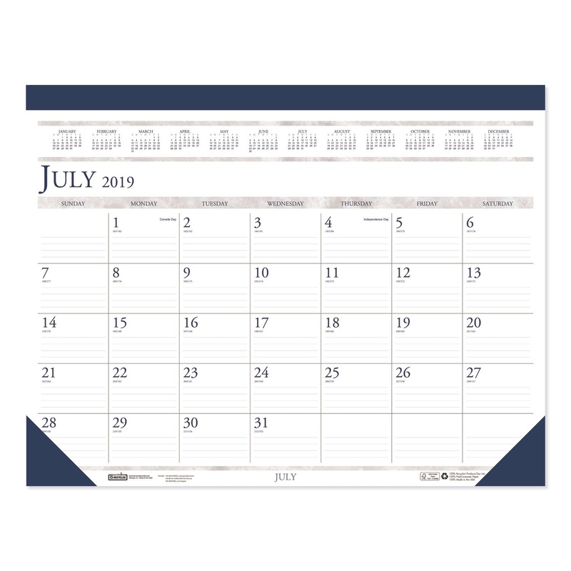 RECYCLED TWO-COLOR ACADEMIC 14-MONTH DESK PAD CALENDAR, 22 X 17, 2019-2020