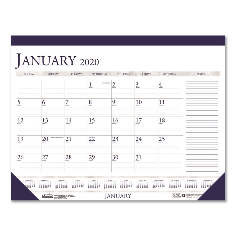 RECYCLED TWO-COLOR MONTHLY DESK CALENDAR W/LARGE NOTES SECTION, 18 1/2 X13, 2020