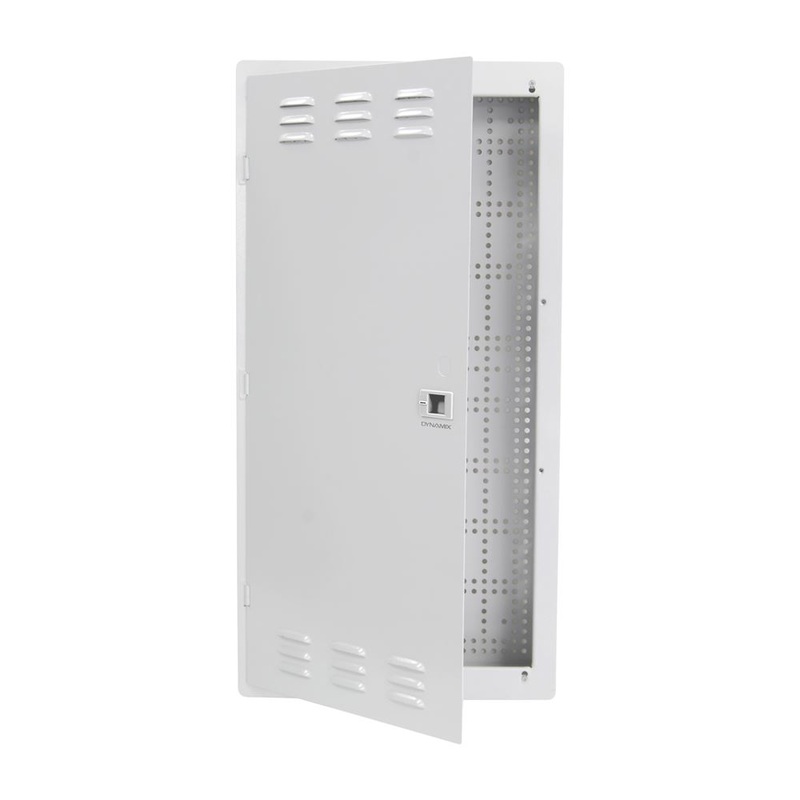 DYNAMIX 28” FTTH Network Enclosure Recessed Wall Mount with Vented Lid Cable & Dual GPO Knock outs. Installs: 400mm Centre Stud. Cut out OD: 355 x 725 x 90mm. Incl. Installation Accessories, Earth Kit