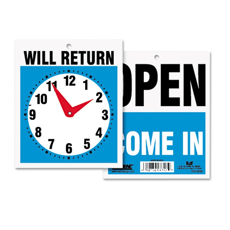 Double-Sided Open/will Return Sign W/clock Hands, Plastic, 7 1/2 X 9