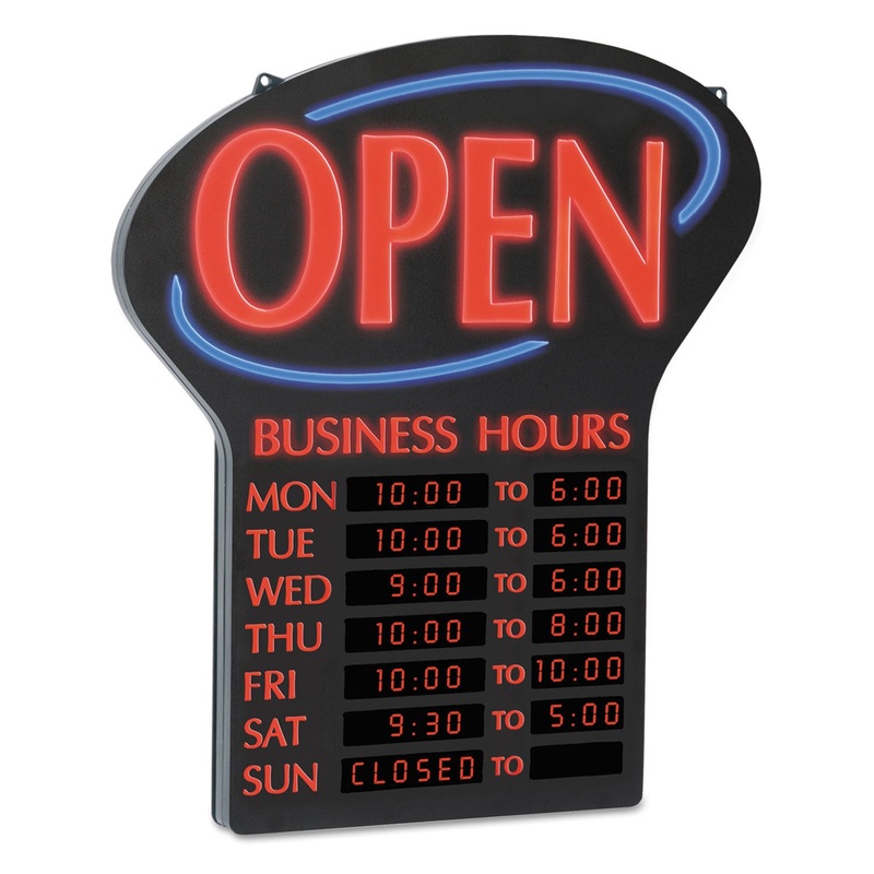 Led Open Sign W/digital Business Hours, 20 1/2 X 1 1/4 X 23 1/2, Black/red/blue