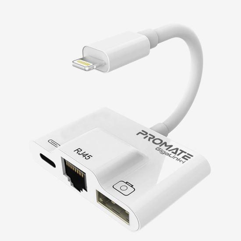 PROMATE 3-In-1 OTG Lightning Hub. Input RJ45, USB 3.0 Port, Lightning