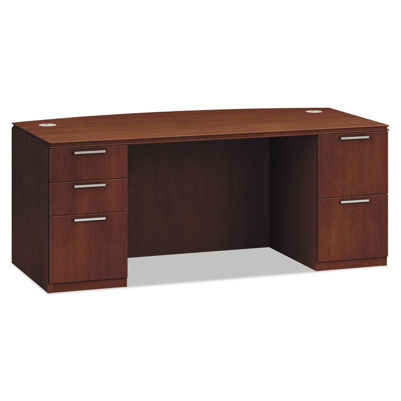 ARRIVE BOW FRONT DOUBLE PEDESTAL VENEER DESK, 72W X 36D X 29.5H, SHAKER CHERRY