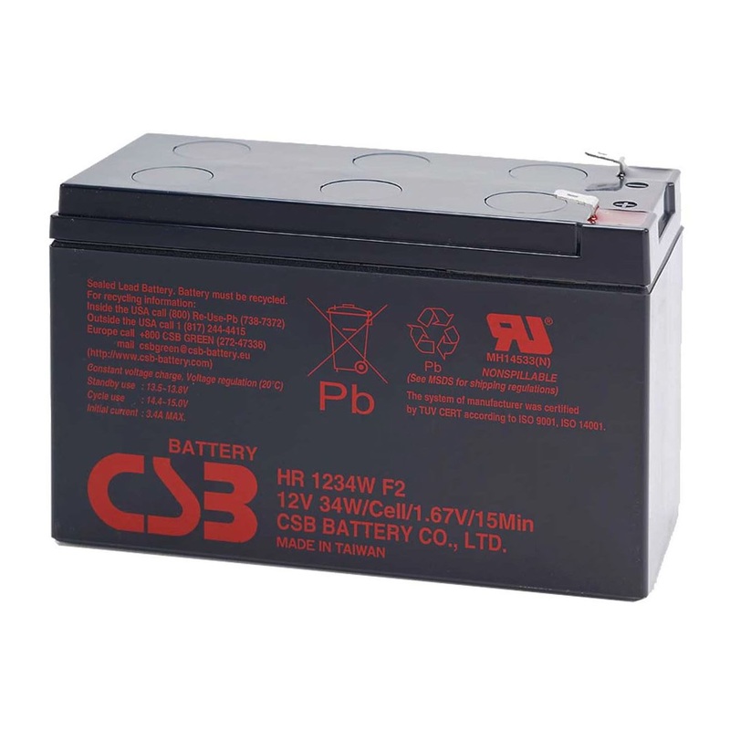 CSB 12V 9.0 AH Replacement UPS Battery – 1 Year Warranty. To suit: UPSD650; UPSG750; UPSD1200 UPSD1600; PSCRT1100; PSCE1000; PSCE2000; PSCE3000. F2 connector, 6.35mm. HR1234WF2