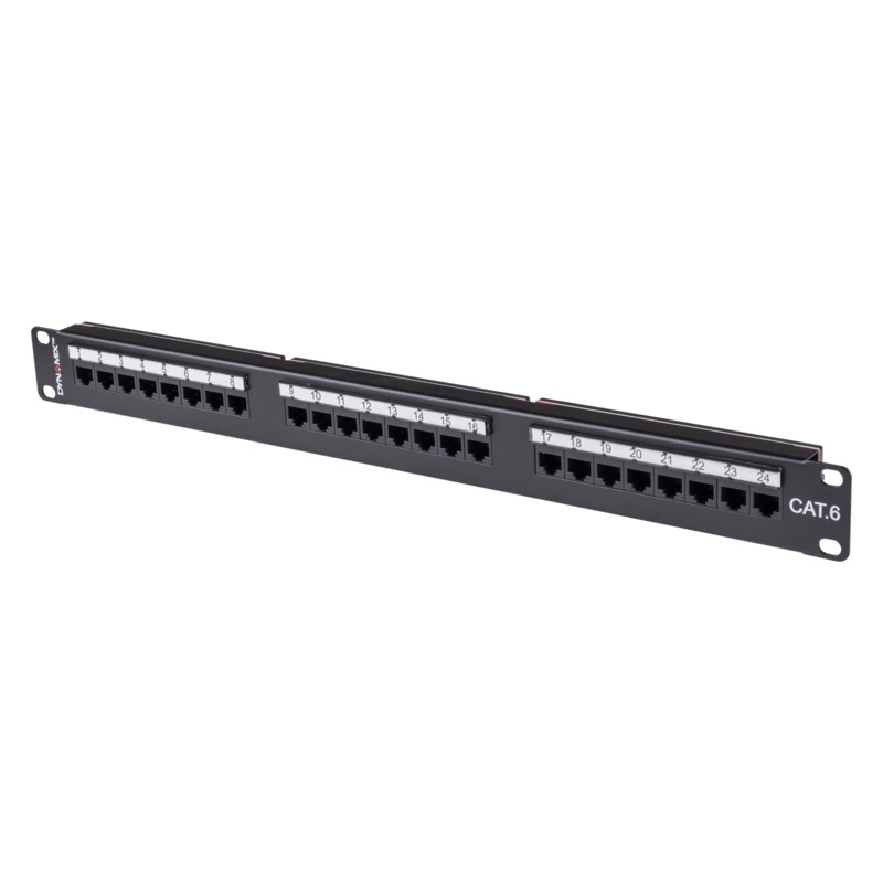 DYNAMIX 24 Port 19” Cat6 UTP Patch Panel with plastic labelling kit. T568A & T568B Wiring. 1RU. 110x Terminations.