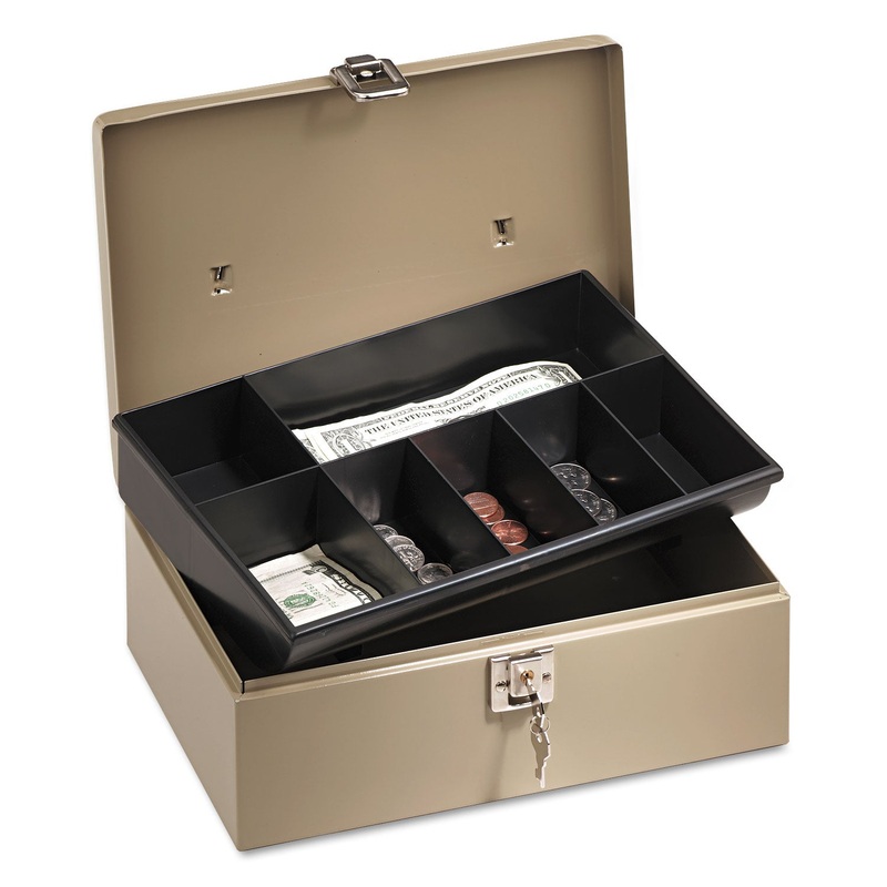 Lock’n Latch Steel Cash Box W/7 Compartments, Key Lock, Pebble Beige