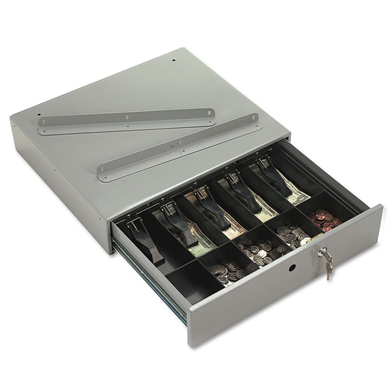 Steel Cash Drawer W/alarm Bell & 10 Compartments, Key Lock, Stone Gray
