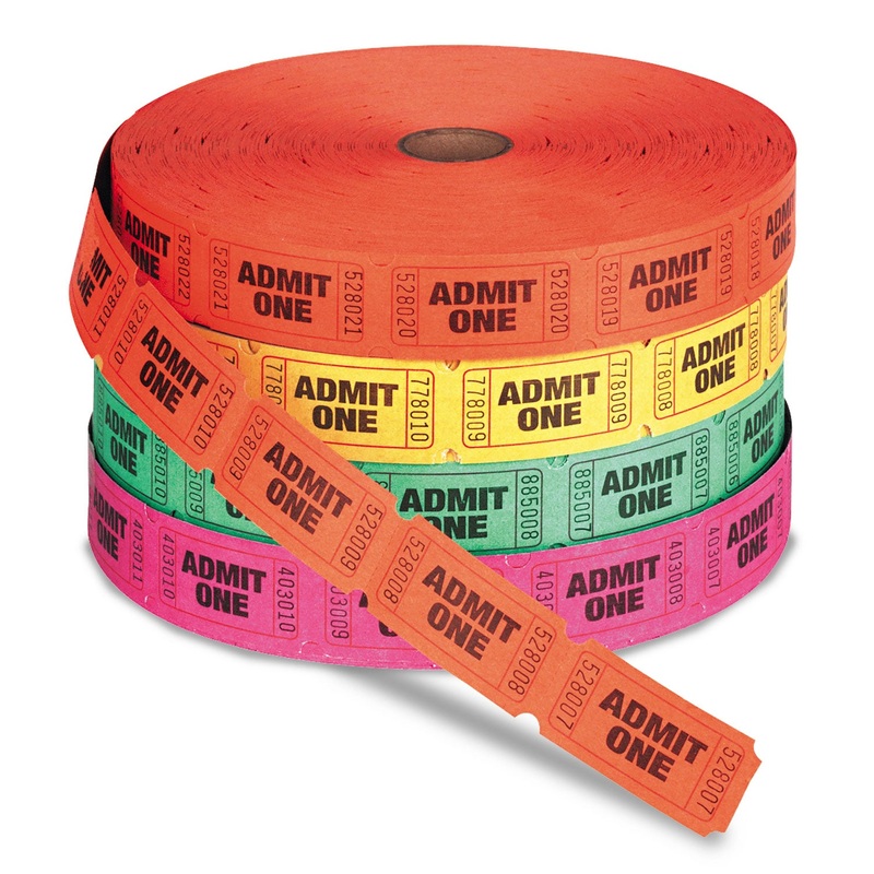 ADMIT ONE SINGLE TICKET ROLL, NUMBERED, ASSORTED, 2000/ROLL, 4 ROLLS/PACK