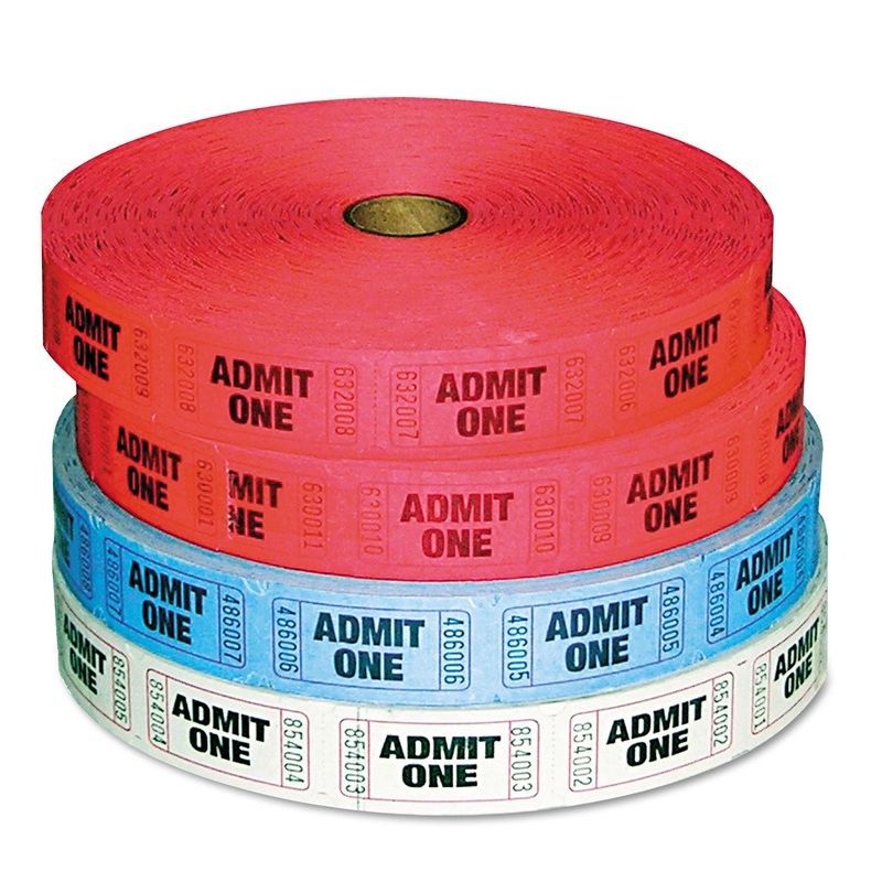 Admit-One Ticket Multi-Pack, 4 Rolls, 2 Red, 1 Blue, 1 White, 2000/roll