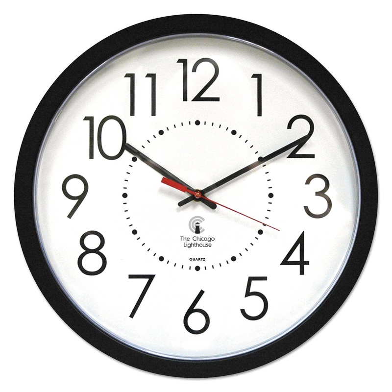 ELECTRIC CONTEMPORARY CLOCK, 14.5″ OVERALL DIAMETER, BLACK CASE, AC POWERED