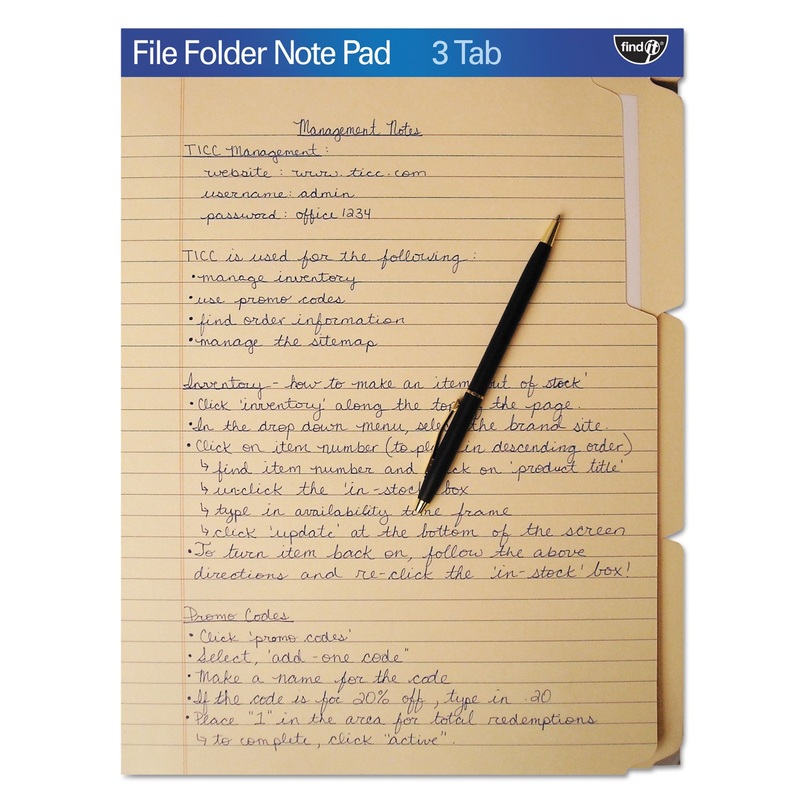 FILE FOLDER NOTE PAD, 1/3-CUT TABS, LETTER SIZE, MANILA