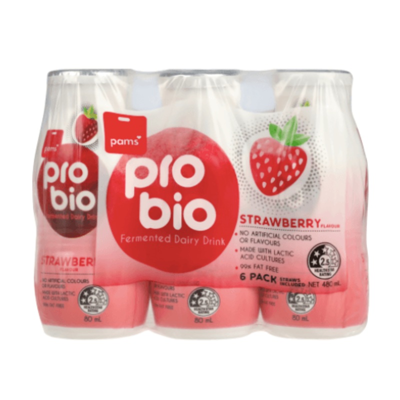 Pams Strawberry Pro Bio Cultured Dairy Drink 6pk