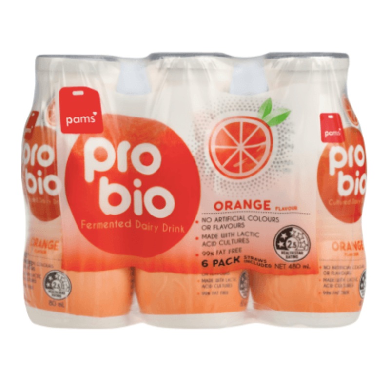 Pams Orange Pro Bio Cultured Dairy Drink 6pk