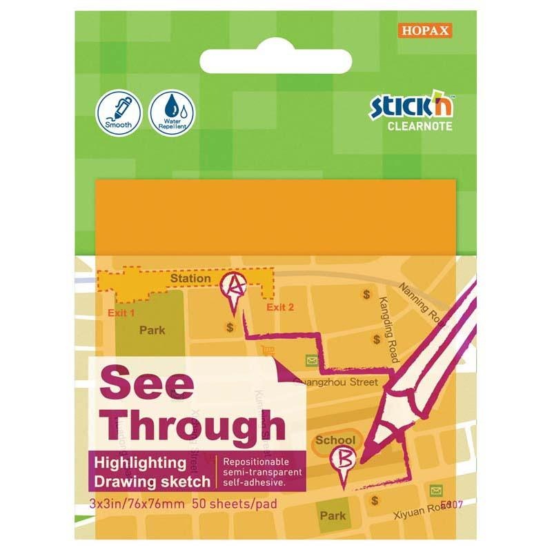 Stick’n Clearnote Orange 76x76mm 50 Sheets Transparent