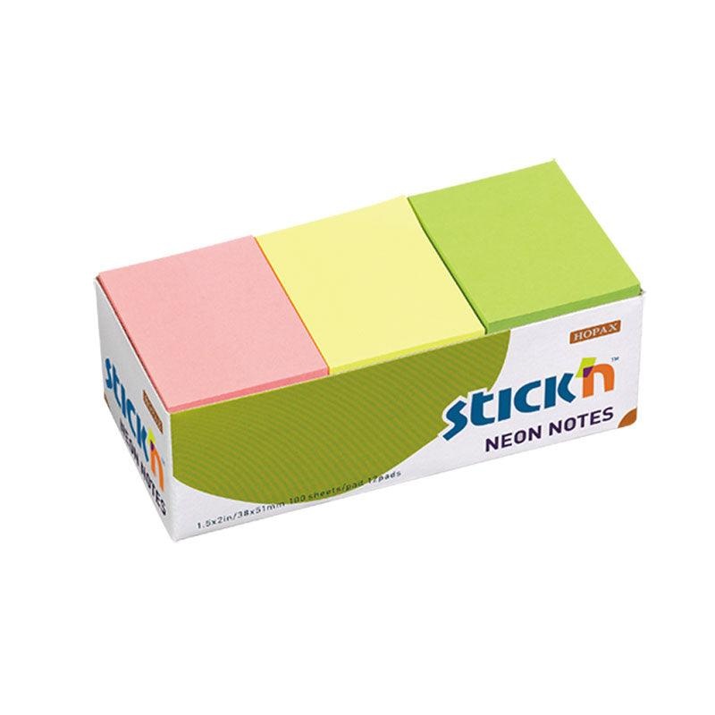 Stick’n Note 38x50mm 100 Sheet Neon Assorted Pack 12