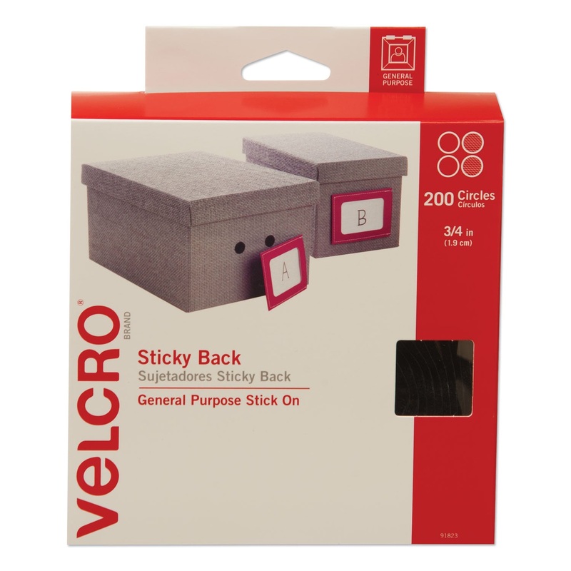 STICKY-BACK FASTENERS, REMOVABLE ADHESIVE, 0.75″ DIA, BLACK, 200/BOX
