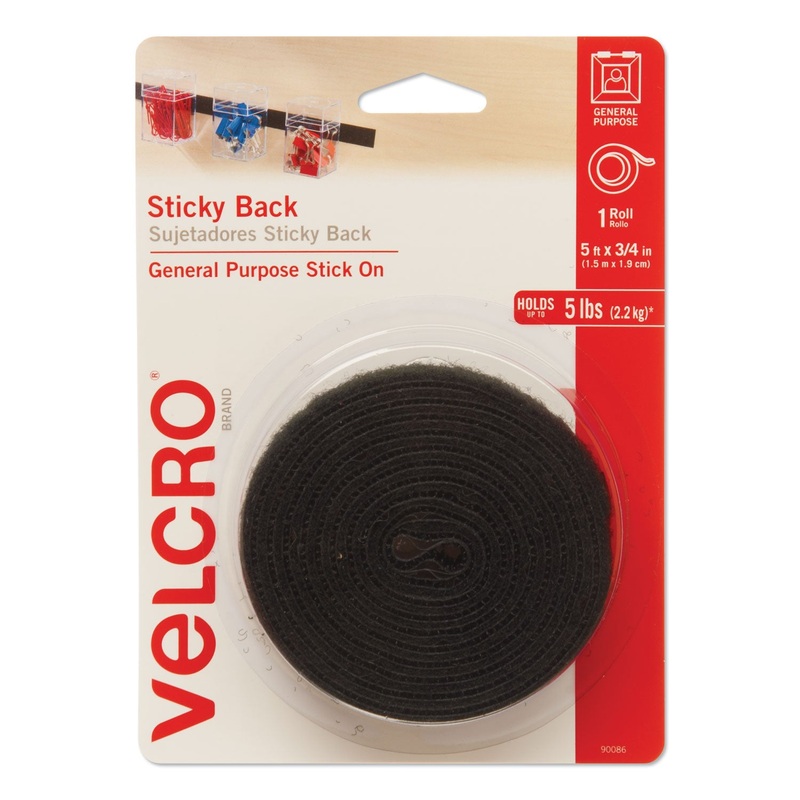 STICKY-BACK FASTENERS WITH DISPENSER, REMOVABLE ADHESIVE, 0.75″ X 5 FT, BLACK
