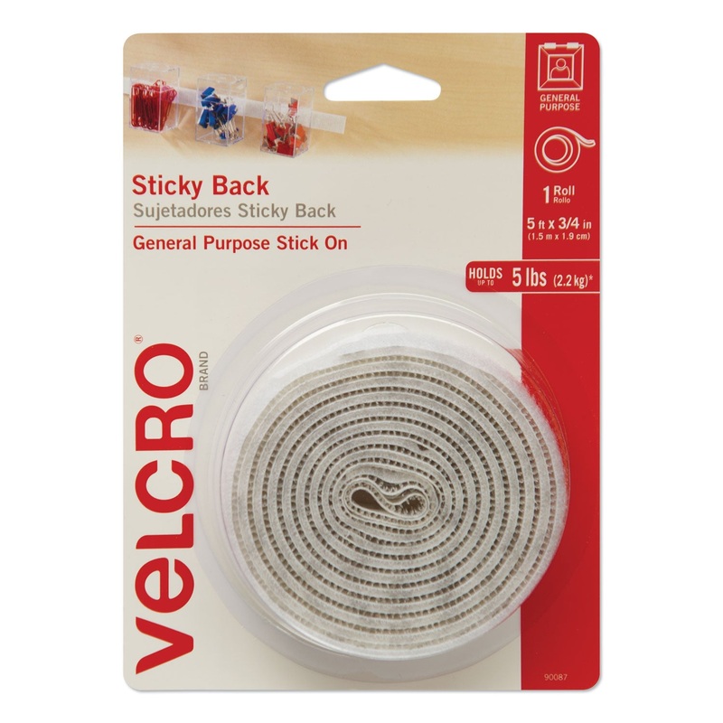 STICKY-BACK FASTENERS WITH DISPENSER, REMOVABLE ADHESIVE, 0.75″ X 5 FT, WHITE