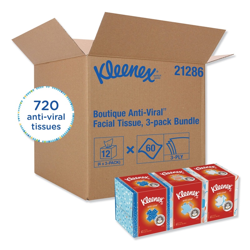 BOUTIQUE ANTI-VIRAL FACIAL TISSUE, 3-PLY, WHITE, POP-UP BOX, 60 SHEETS/BOX, 3 BOXES/PACK, 4 PACKS/CARTON