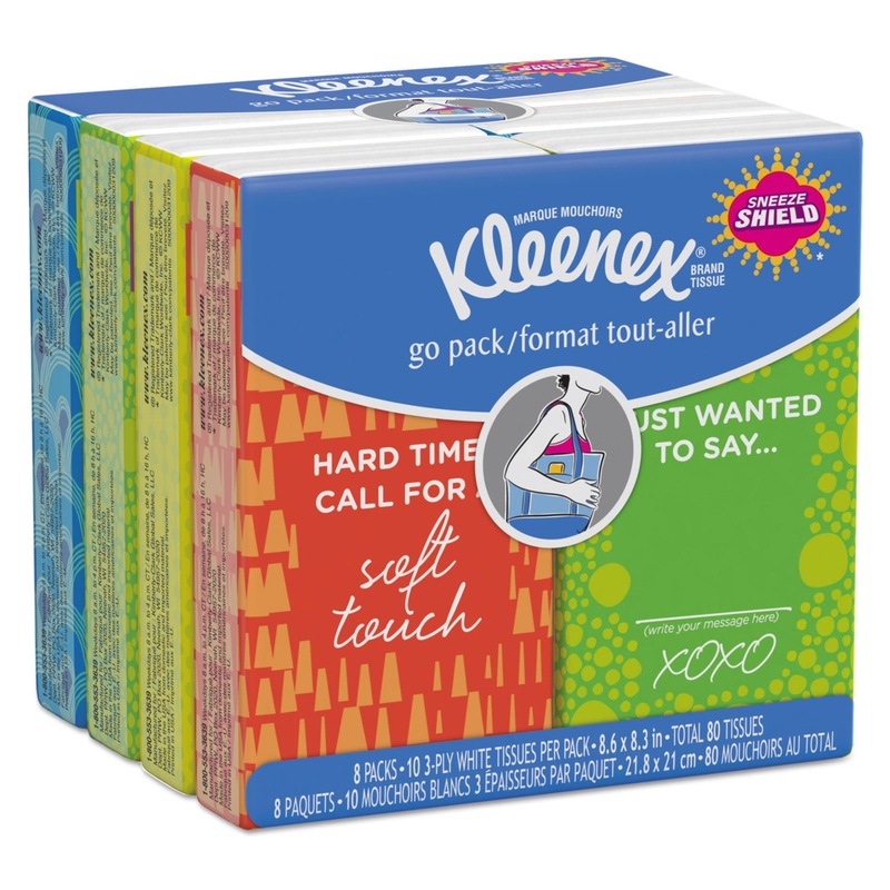 ON THE GO PACKS FACIAL TISSUES, 3-PLY, WHITE, 10 SHEETS/POUCH, 8 POUCHES/PACK
