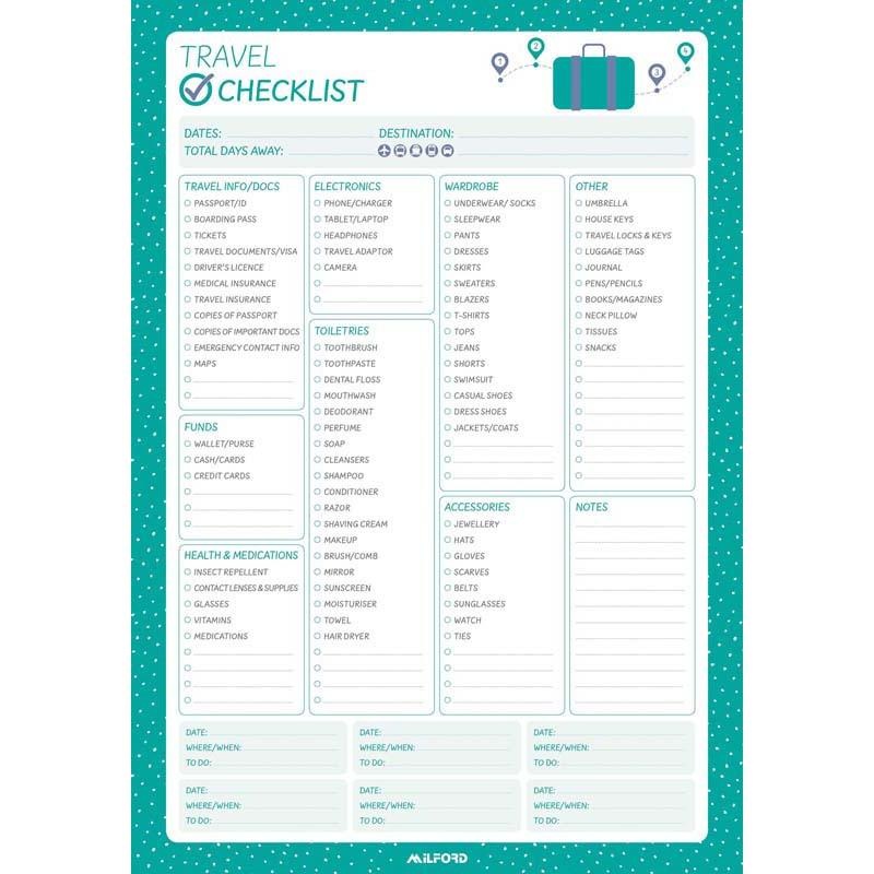 Milford Travel Packing Check List Pad 175×250 60 Leaf