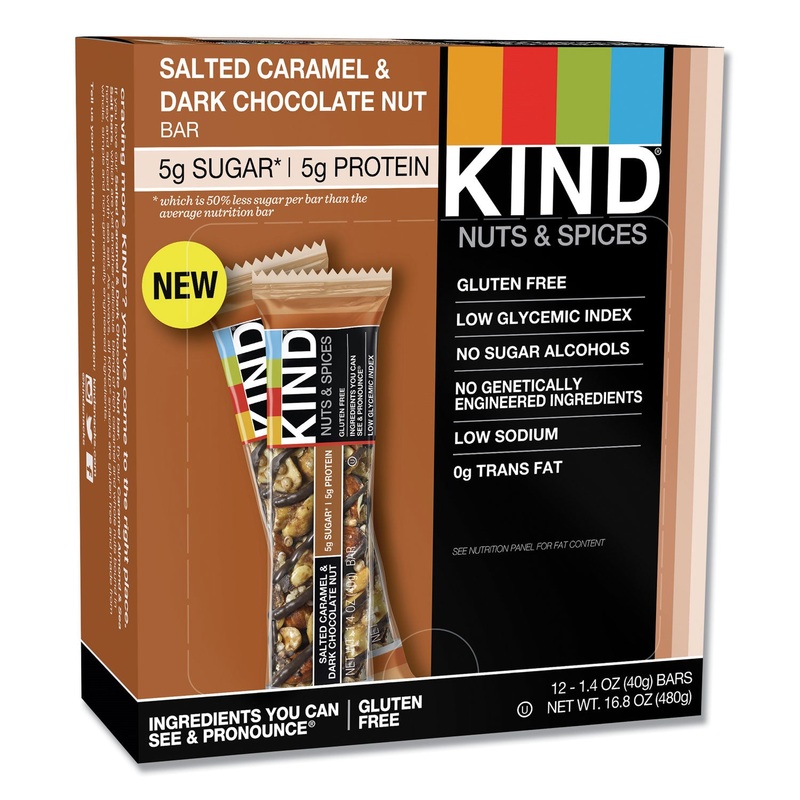 NUTS AND SPICES BAR, SALTED CARAMEL AND DARK CHOCOLATE NUT, 1.4 OZ, 12/PACK