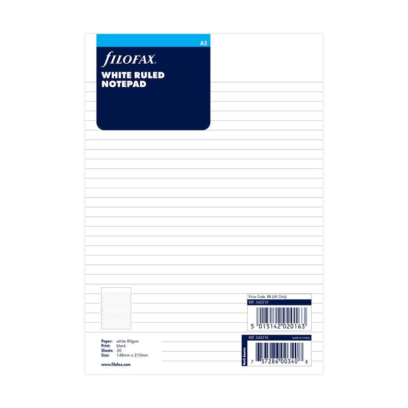 Filofax A5 White Lined Notepad Refill 50 Sheets