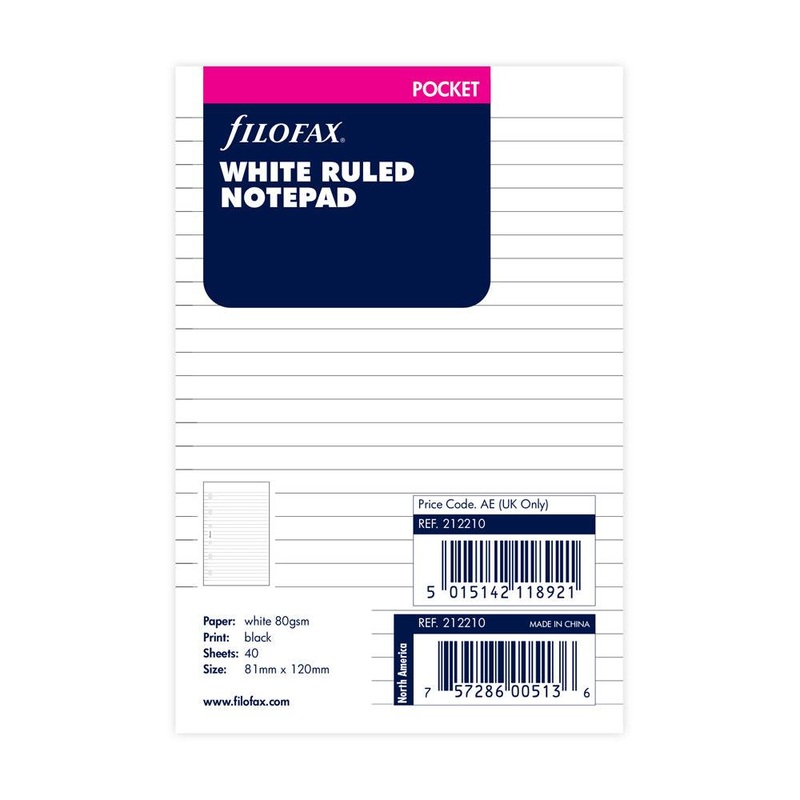 Filofax Pocket White Lined Notepad Refill 40 Sheets