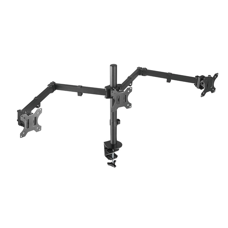 BRATECK 13″-27″ Triple Monitor Economy Desk Mount Bracket. Detachable VESA Plate, Max 7kgs Per Arm. Rotate, Tilt & Swivel. Desk & Grommet Options Included. VESA 75×75 & 100×100. Matte Black