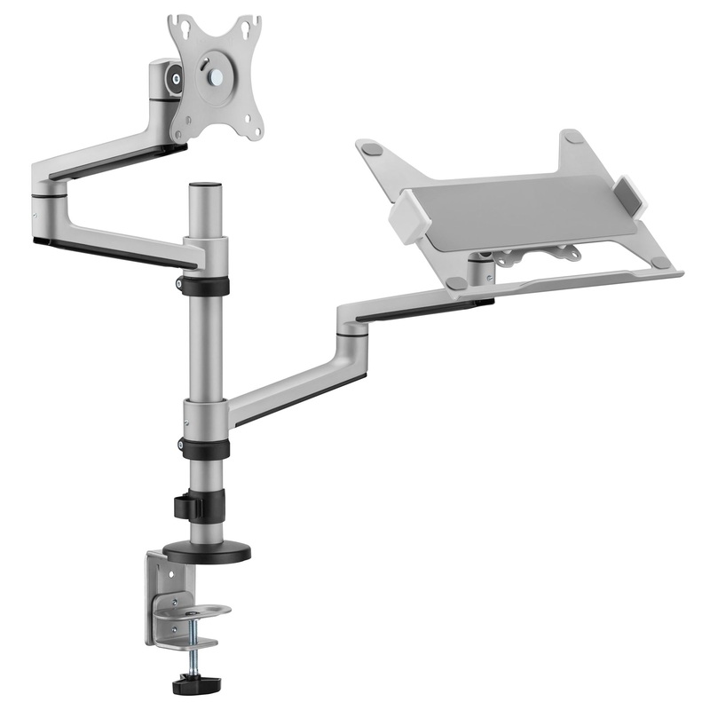 BRATECK 17″-32″ Dual  Arm Premium Articulating Monitor Arm & PC Tray. Arm Extension 466mm, Built-in Cable Management, Detachable VESA Plate. Desk Clamp & Grommet Mounting Inc. Matte Grey Colour.