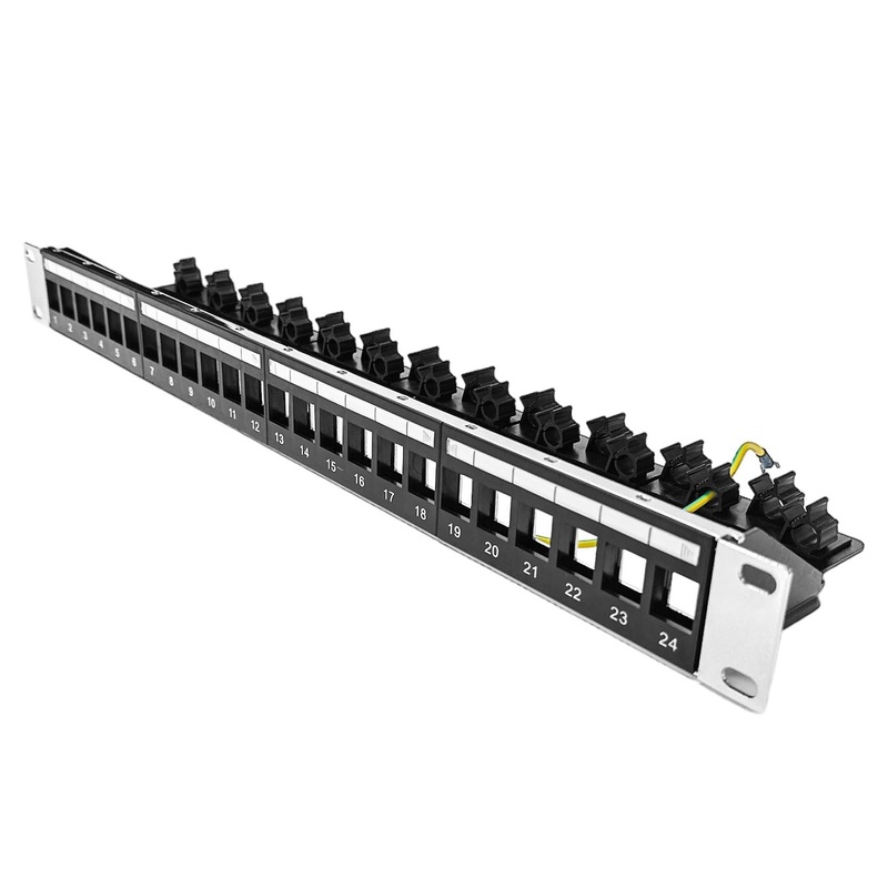 DYNAMIX 24 Port 19” 1RU STP / UTP Unloaded Keystone Patch Panel with Rear Cable Management bar. Grounding Wire Included.RoHs Numbered 1-24.with plastic labelling Kit
