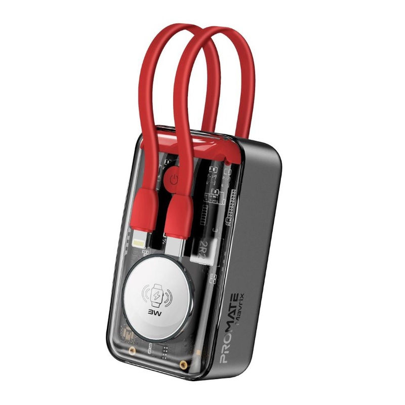 PROMATE 10000mAh 4-in-1 Smartphone & Apple Watch Charging Power Bank with USB-C & Lightning Cable. 35W PD USB-C Cable. QC 3.0. USB-C In/Out. Smart LED Display.