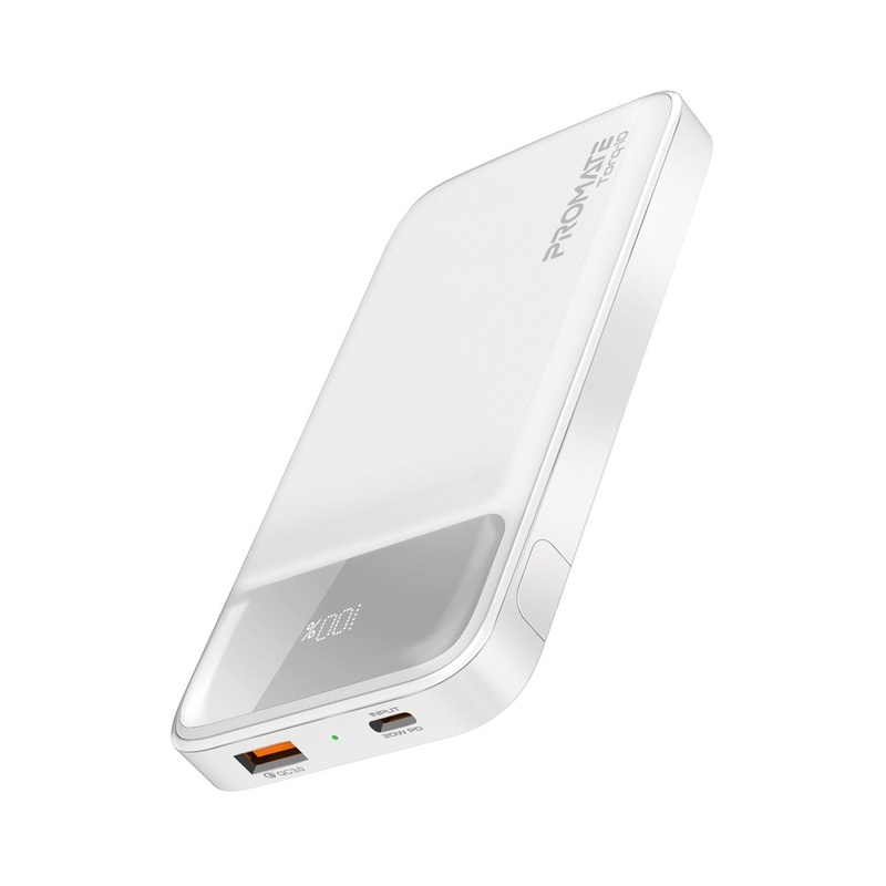 PROMATE 10000mAh Super-Slim Power Bank with Smart LED Display. 1x USB-A & 1x USB-C Charging Ports. 1x USB-C Input Port. Auto-Voltage Regulation. Includes Built-in Kick Stand. White Colour.